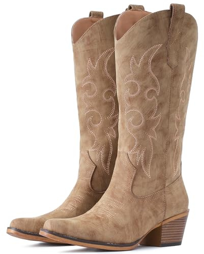 IUV Bottes de cowboy pour femme - Bottes de cowgirl occidentales mi-mollet avec talon épais et bout pointu, camel, 42 EU
