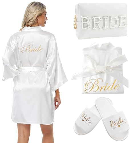 Vestaglia Sposa Donna in Raso, Bademantel da Sposa in Satin con Pantofole e Borsa Cosmetici, Regalo Matrimonio, Completo Sposa per JGA, Cerimonia, Festa (IT, Testo, XL, Regular, Regular, Bianco)