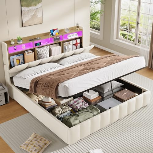 KIMENICH Bett mit LED Beleuchtung, Hydraulisches Bett, Polsterbett, Regalkopfteil mit Stauraum, Bettgestell mit Lattenrost, bequem, für Schlafzimmer, Gästezimmer (Weiß, 180 X 200)
