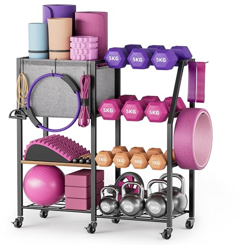 Bikoney Soporte para Pesas con Almacenamiento para Esterilla de Yoga – Estantería de Mancuernas para Gimnasio en Casa con Espacio para Discos, Barras, Rodillos y Accesorios de Entrenamiento