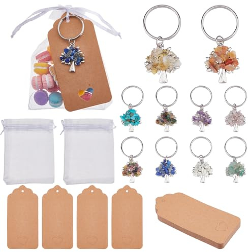 SUPERFINDINGS Portachiavi da 20 Pezzi con Pietre preziose Albero della Vita Portachiavi in Cristallo Naturale con Etichetta di Carta e Sacchetto di Organza per Borsa Decorativa faidate Regali