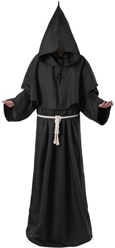 Odizli Mönch Kostüm Herren Mönchskutte Männer Mittelalter Priester Sensenmann Ghostface Robe Schwarz Umhang mit Kapuze Halloween Karneval Fasching Fastnacht Verkleidung Faschingskostüm Schwarz XL