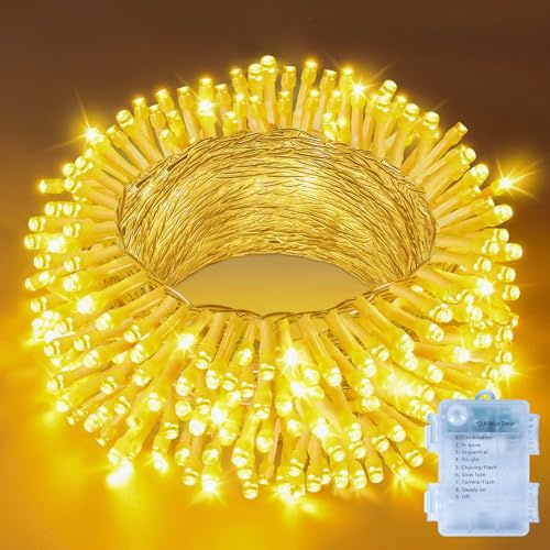 Hopexy Lichterkette Außen Batterie 10M 100 LEDs Warmweiß mit 8 Modi & Timer | IP44 wasserdicht & batteriebetrieben. Lichterketten Outdoor Deko für Innen & Außen, Garten, Balkon, Party & Hochzeit