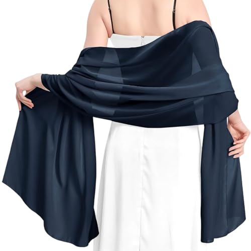 CJAPGJW Dark Blue Sheer Chiffon Scarf Stole, 175 x 70 cm, Soft Lightweight Women Shawl, Elegant Evening Dress Stole, Festive Wedding Bridal Party Scarf