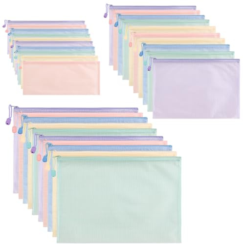 FANXIYA 30 Stück Dokumententaschen A4 A5 A6, Wasserdichte Kunststoffmappen mit Reißverschluss & Aufhängeschnur, Transparente Bunte Sortierbeutel für Schule, Büro & Reisen