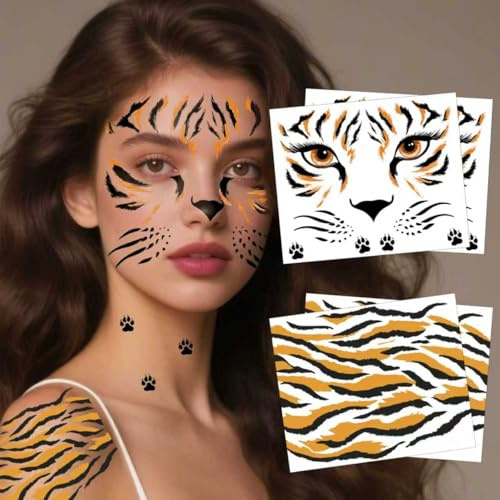 Yezirzax Tigerstreifen Face Art Sticker, Gesichtstattoo Temporäre Tattoo, Tigerstreifen Schminke Selbstklebendes Gesichtstattoo für Karneval Fasching Geburtstag Halloween Kinder Party (Tiger)