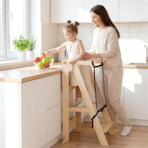 Toddler Standing Tower Step Stool - Stable Height Adjustable Kids Toddler Stool Folding Kitchen Learning Helper for Learning and Cooking - Ages 18 Months to 6 Years with Safety net Natural