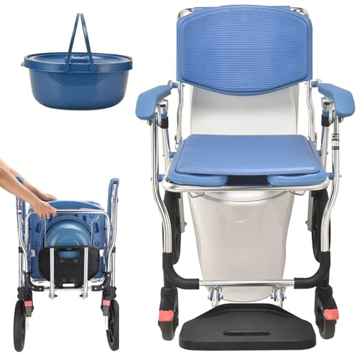 Toilettenstuhl Für Senioren Klappbar | Duschstuhl Toilettenstuhl Mit Rollen Fahrbar, Toilettenrollstuhl Mit Armlehne Toiletteneimer, Duschrollstuhl Tragfähigkeit Von 150kg (Blau, 92X94X50cm)