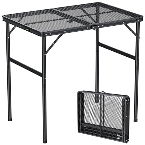 Anbte Portable Grill Table Max 29.5, 2 Adjustable Heights Folding Camping Table with Heat-Resistant Mesh Tabletop &Portable Handle, Waterproof, for Cooking BBQ Outdoor Patio, 31 X 22, Black