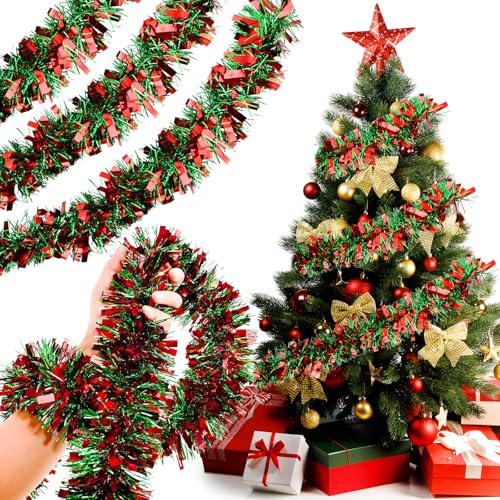 Weihnachtsgirlande Girlande Lametta Weihnachten Dekoration Weihnachtsbaum 10M Weihnachtsgirlanden 5 Stück Gerlande Weinachten Grün und Rot Weihnachtsbaumgirlande für Treppen Kamin (Grün und Rot)