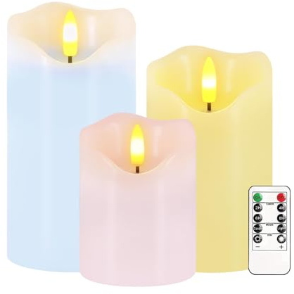 Justup LED-Kerzen, 3 Stück Flammenlose Osterkerzen mit Fernbedienung, Timer | Flackernde Pastell Frühlings-LED-Kerzen, Dimmbare Säulen Kerzenlicht Batteriebetrieben, Elektrische Kerzen für Ostern Dekor