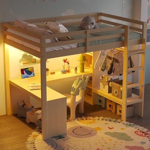 @Moflan Lin Letto a soppalco 140 x 200 cm con ripiani multifunzione, scrivania sottoletto, luce LED e USB, colore naturale