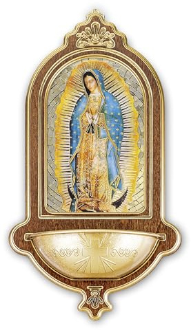 Fratelli Bonella – Recipiente para agua bendita de madera con detalles en oro caliente de la Virgen de Guadalupe f.to 13,9 x 25,4 cm