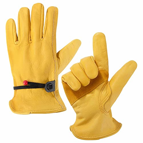 Jesustree Gants de Jardinage en Cuir pour Hommes et Femmes, Paire de Gants de Travail Résistants aux Perforations pour Chauffeurs, Coupe, Construction, Soudure, Stockage (M, Jaune)