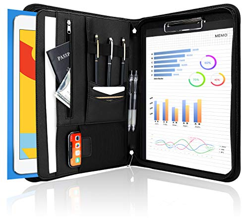 ProCase A4 Schreibmappe PU Kunstleder Konferenzmappe Portfolio mit Reißverschluss Klemmbrett Notizblock Business Dokumentenmappe, leichtes, langlebiges Material- Schwarz