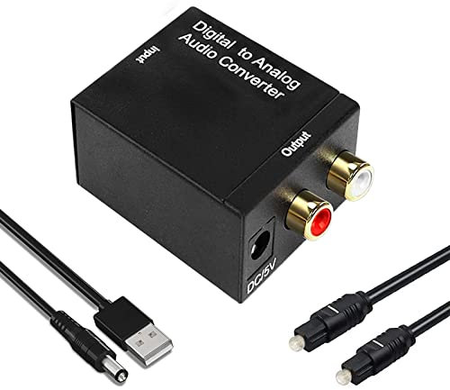 Jsdoin Convertisseur DAC, adaptateur numérique vers analogique optique SPDIF Toslink coaxial vers R/L avec câble fibre optique pour TV/PS4/Blue Ray DVD/TV Box