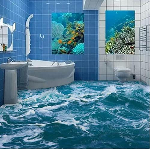 Benutzerdefinierte 3D Boden Wandbild Tapete Meer Wasser Welle Badezimmer 3D Boden Wandbild Pvc Wasserdicht Selbstklebende Vinyl Tapete Wohnkultur 200cm x 140cm (Breite x Höhe)