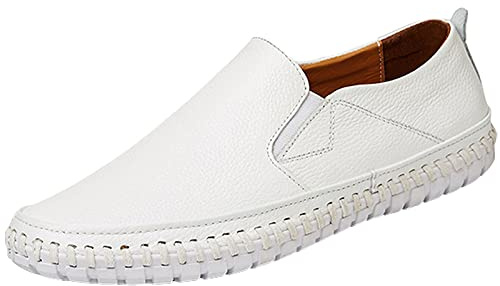 rismart Mocasin Hombre Casual Plano Cuero Ponerse Zapatos de Conducción Zapatilla Blanco,44.5