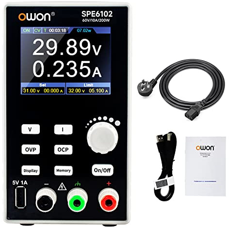 OWON SPE6102 Fuente de alimentación CC programable, 200W, 60V/10A, Pantalla LCD TFT de 2,8 Pulgadas, protección múltiple de 4 dígitos de Alta precisión con Puerto USB Compatible con SCPI