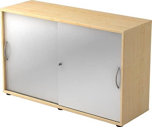 bümö Schiebetürenschrank 2OH - Aktenschrank abschließbar, Sideboard Schrank mit Schiebetüren in Ahorn/Silber, Bogengriff - Büroschrank aus Holz mit Schiebetür, Büro Kommode für Ordner & Co.