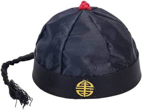 rockible Chapeau Oriental Chinois Qing Empereur, Jeu de rôle avec Queue de Cheval, Casquette de Costume de fête pour Spectacle sur scène, déguisement Cosplay, Noir 54cm