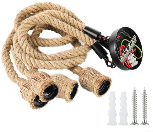 URPIZY Lampadario in corda di canapa fai da te, stile retrò, industriale, lampadario a sospensione, lampada da soffitto in corda di canapa, supporto decorativo per soffitti (4 teste)