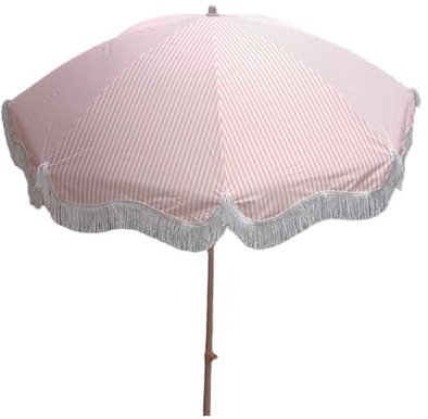 200cm Tragbarer gestreifter Strandschirm mit Neigung und Höhenverstellung, Gartenschirm mit Quaste, Sonnenschutz, Sonnenschirm für Pool, Balkon, Camping, Pink