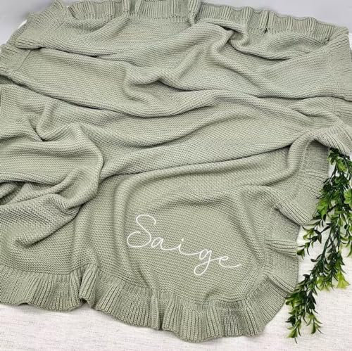 ZXH Personalisierte Babydecke, Weiche Baumwolle Gestrickte Babydecke, Bestickte Babydecke, Baby Decke Salbei Grün, Kundenspezifische Name Babydecke Neugeborenen Geschenke für Mädchen und Junge,