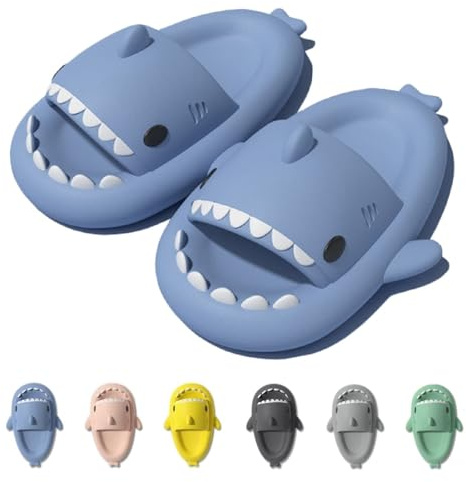 IDEINER Haj Tofflor för Kvinnor Herrar Shark Slippers Sommar Fisk Sandaler Hajskor Glidskydd Bekvämt Mjuka Flip-flop Gummi Beach Pool Sharky Slides Vuxna Unisex Blå Storlek 36/37