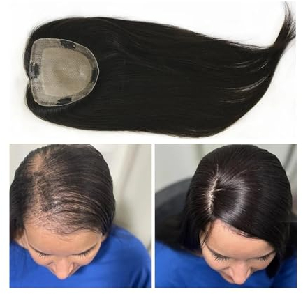Haartopper für Frauen Glatter europäischer Haaraufsatz, Toupet auf Seidenbasis mit PU-umlaufenden, geraden, unbehandelten Haarteilen mit Clips for Haarausfall, dünner werdendes Haar, Abdeckung grauer