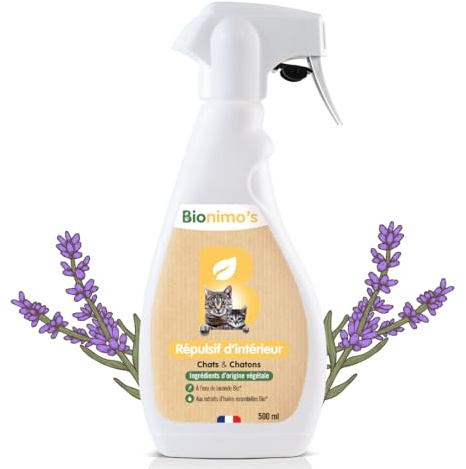 Bionimo's Spray Répulsif Intérieur, Anti-Griffes Chats & Chatons, Naturel et Végétal (Canapés Tissu et Cuir, Tapis, Rideaux, Plantes). Eau de Lavande Bio et Huiles Essentielles Bio. 100% Français.