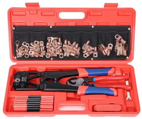 iCrimp Battery Cable Lug Crimping Tool Kit for 8-1/0 AWG - 63pcs Copper Lugs & 25pcs Heat Shrink Tubes, Wire Cutter & Stripper