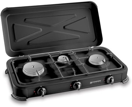 KEMPER - Fornello a gas portatile 3 fuochi 3450W Nero Coperchio Piano cottura