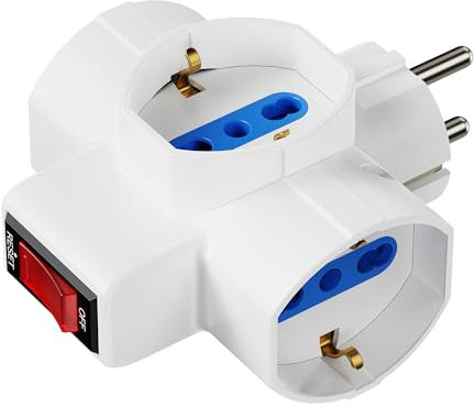 Ewent Triple Adaptateur de Puissance, Multiprise 3-en-1 avec Interrupteur on/Off, 3 Positions Universelles Schuko 10/16A, Schuko Fiche 2P+T 16A combinées aux Normes allemandes et françaises, 3500W