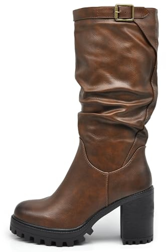 IF FASHION Stivali Arricciati Al Polpaccio da Donna In Pelle Sintetica Con Tacco Grosso Plateau Fibbia G693 brown N.39