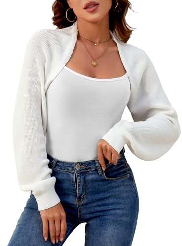 QIANSIQIANBO Bolero Damen Kurz Strickjacke Offener Front Crop Shrug Cardigan Rippstrick Langarm Strickpullover Leichte Jäckchen Casual Einfabig Schulterjacke für Kleider Weiß-M