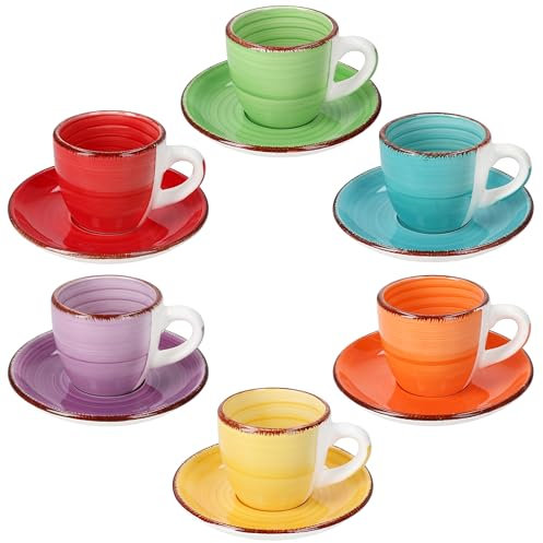 MamboCat Lot de 6 tasses à expresso colorées unies avec soucoupes I 80 ml I Petites tasses à moka multicolores + soucoupe en faïence pour 6 personnes avec différentes couleurs et décor tourbillon