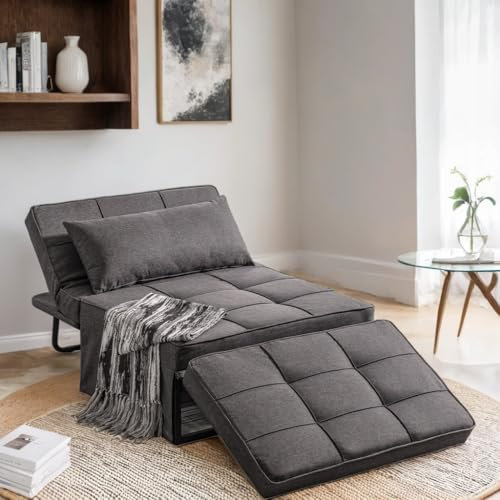 Vonanda 4-in-1 Convertible Sofa Bed, Folding Ottoman Guest Bed with Adjustable Backrest, Space-Saving Sleeper Chair for Small Spaces, Apartments & Studios | Breathable Linen Fabric (Classic Dark Gray)