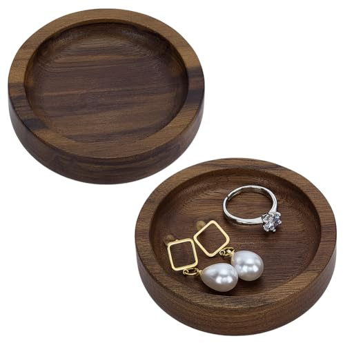 FINGERINSPIRE 2PCS Walnut Wood Ring Trays 70mm Diameter Flat Round Wood Jewelry Plates Coconut Brown Wooden Trinket Dish Tray for Rings Necklaces Earring Jewelry Keys Small Items Display Storage