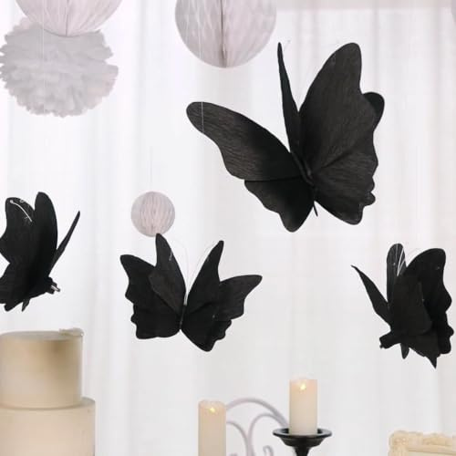 SUNBEAUTY 4Pc Large Black Butterfly Halloween Decoration 3D Paper Butterfly | Gothic Decor Big Hanging Butterflies for Bachelorette Party Wedding Decor Garden Wall Home Decor Halloween Party Decorations