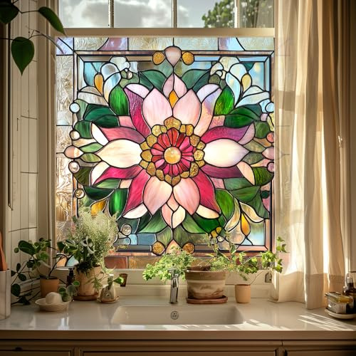 Alwayspon Icke-självhäftande fläckat glas regnbåge fönsterfilm, art nouveau stil avtagbar vinyl statisk fönsterfästning integritetsklistermärken, anti-UV värmekontroll glasfilm