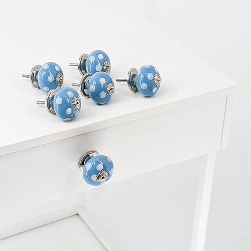 Knober 6er SET | 6 Stück Keramik Möbelknöpfe für Schrank und Schublade | Weiß Blau Polka Dots Silber Montur