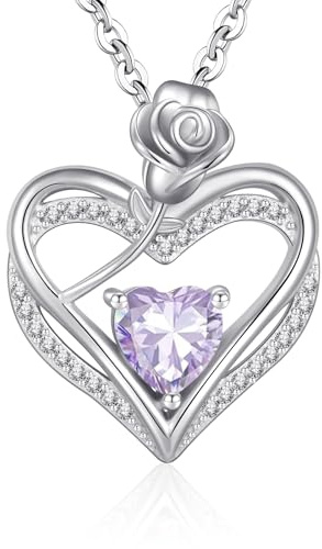 Cosie Lily halsband dam silver 925 hänge, dam hjärta ros blomma månadssten smycken silver, presenter födelsedag present alla hjärtans dag julklappar till flickvän mamma halsband, Kubisk zirkonia