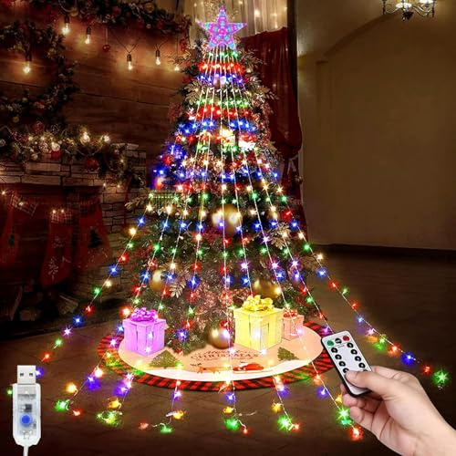 SIOOUI Weihnachtsbeleuchtung außen, 2M x 9 Stränge, 198 LED Lichterkette Weihnachtsbaum mit Sterne, 8 Modi Timer Wasserdicht Lichterkette außen für Tannenbaum, weihnachtsdeko (Mehrfarbig)