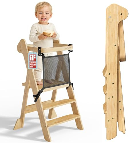 COSYLAND Tour Debout Pliable pour Tout-Petits avec Filet de sécurité, Tabouret de Cuisine réglable en Hauteur pour Enfants, Tabouret d'aide à l'apprentissage Peu encombrant avec Blocs de Soutien