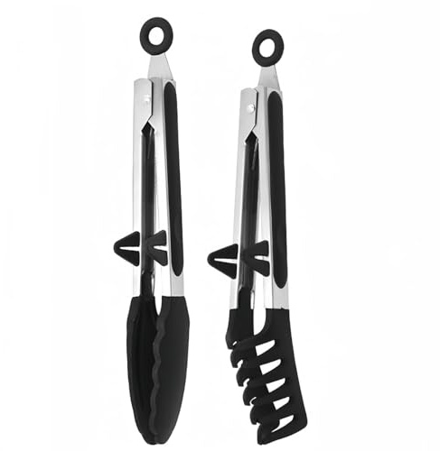 Torytoe Küchenzange, 2 Stück 27cm Grillzange Edelstahl mit Ständer, die den Topf Nicht Beschädigen, Silikon Zange BPA-freie Nudelzange, zum Kochen, Grillen, Buffet-Servieren (Schwarz)