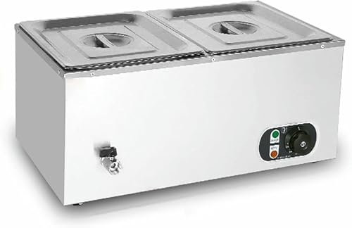 ASumPio Hornillo Eléctrico Comercial De 1500 W, Bandeja Calentadora De Acero Inoxidable, Mesa De Servidor con Apisonador De Vapor De Acero, Control De Temperatura, para Recalentar,2 Pot