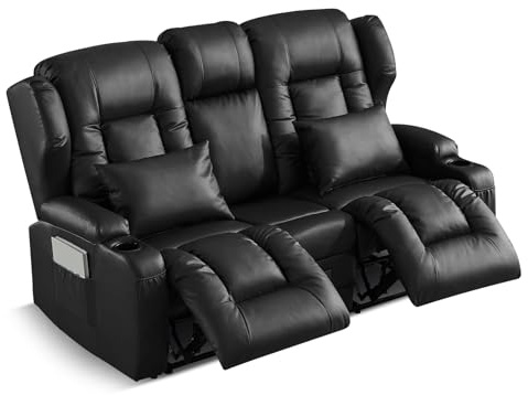 SAMERY Relaxsessel mit Liegefunktion Fernsehsessel Manuell Verstellbar, Zweisitzer Sofa Kinosessel 2 Sitzer Sofa TV Sessel Heimkino mit Getränkehalter/Schublade/Buchse, Kunstleder