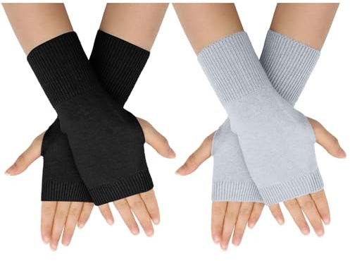 VEGCOO 2 Paar Halb Fingerlose Handschuhe Handgelenk Handschuhe Wärmende Winter Handschuhe Strickhandschuhe Schwarz und Grau für Damen Herren Outdoor Sport Aktivitäten Universalgröße