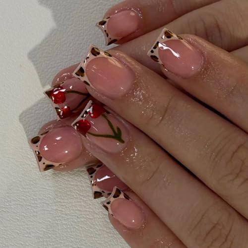 24 Pcs Glossy Press On Nails French Tips False Fruit Full Covers Stick On Leopards Print Acrylic